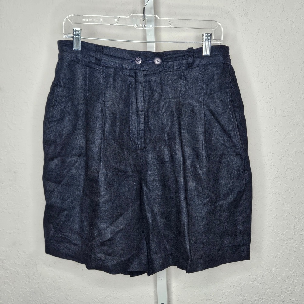 VTG Mizanne Navy Blue 100% Linen High Waisted Pleated Shorts Made in USA 12